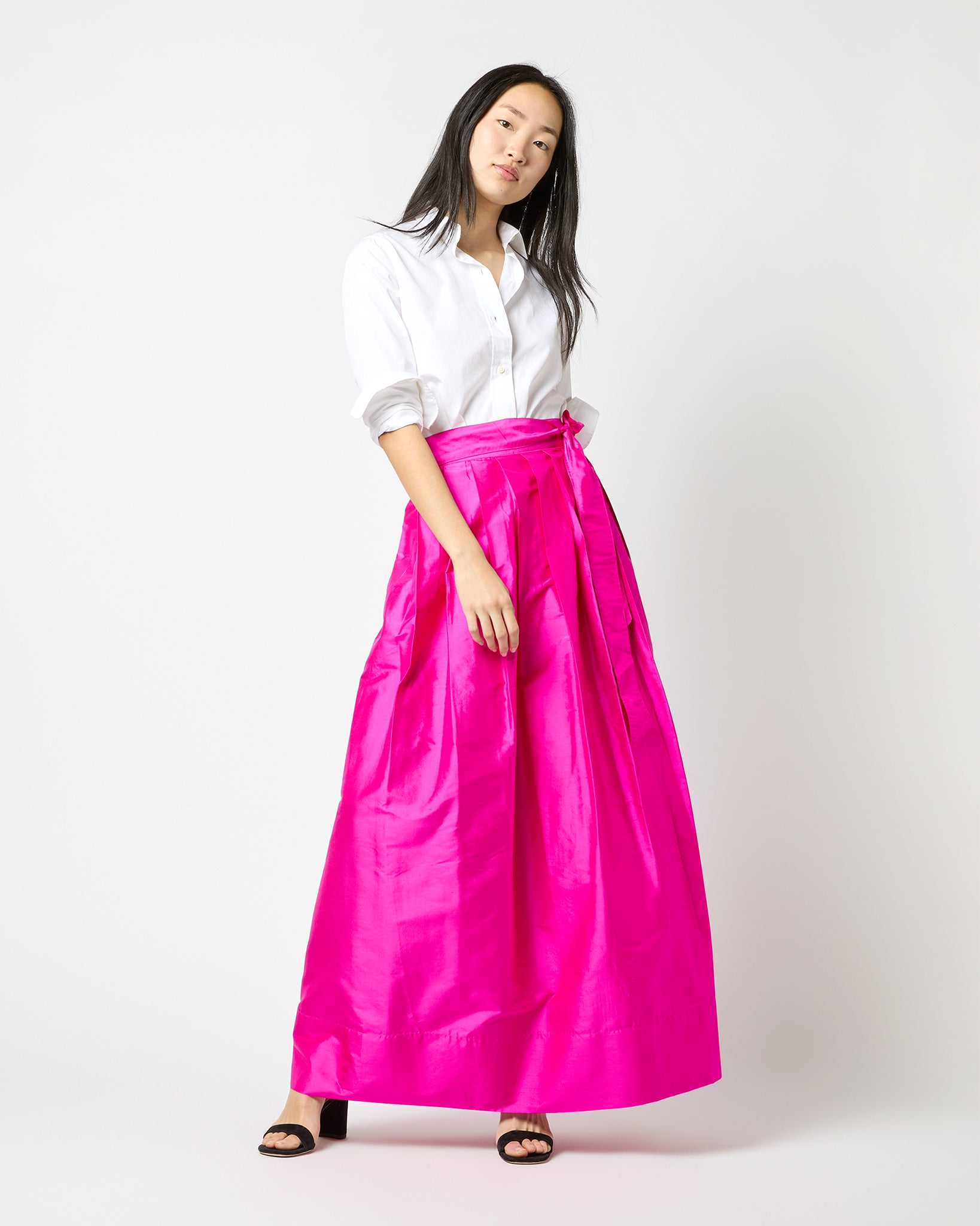 Pleated Wrap Skirt in Magenta Silk Shantung