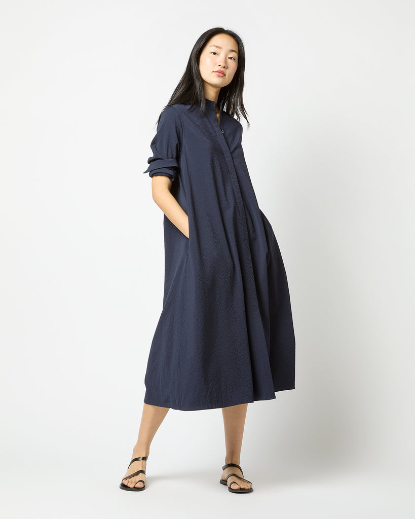 Long-Sleeved Gianna Dress in Navy Wool Seersucker | Shop Ann Mashburn