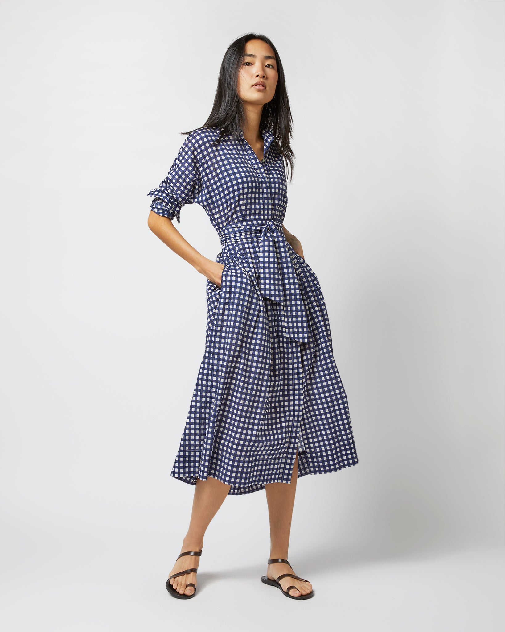 Kimono Shirtwaist Dress in Navy/Ivory Gingham Seersucker Kimono Shirtwaist Dress in Navy/Ivory Gingham Seersucker