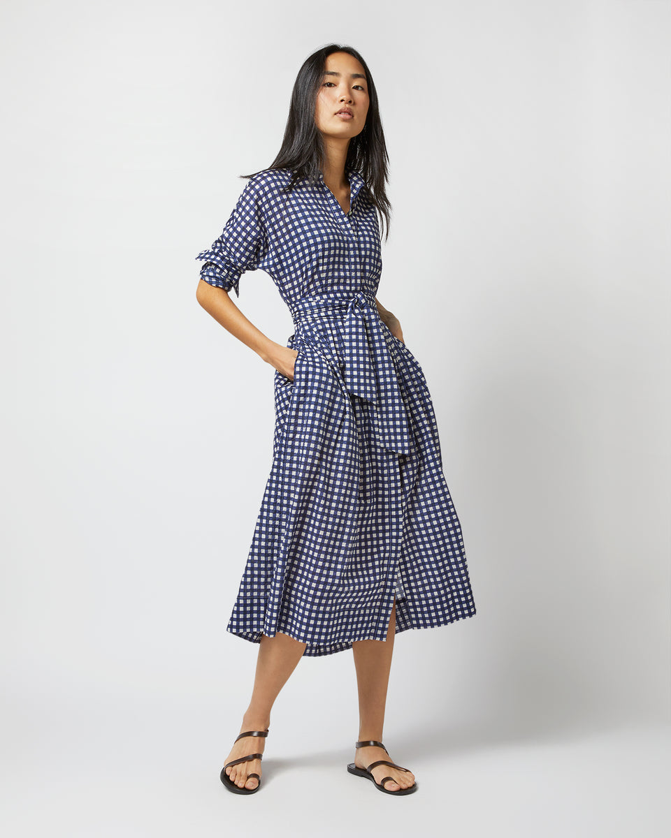 Kimono Shirtwaist Dress in Navy/Ivory Gingham Seersucker | Shop Ann ...