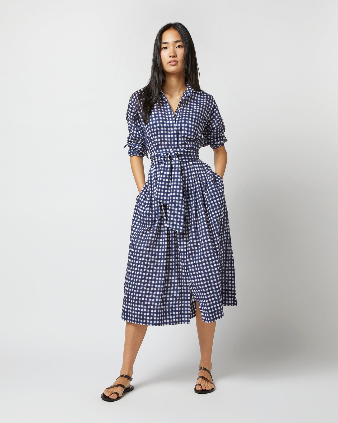 Kimono Shirtwaist Dress in Navy/Ivory Gingham Seersucker