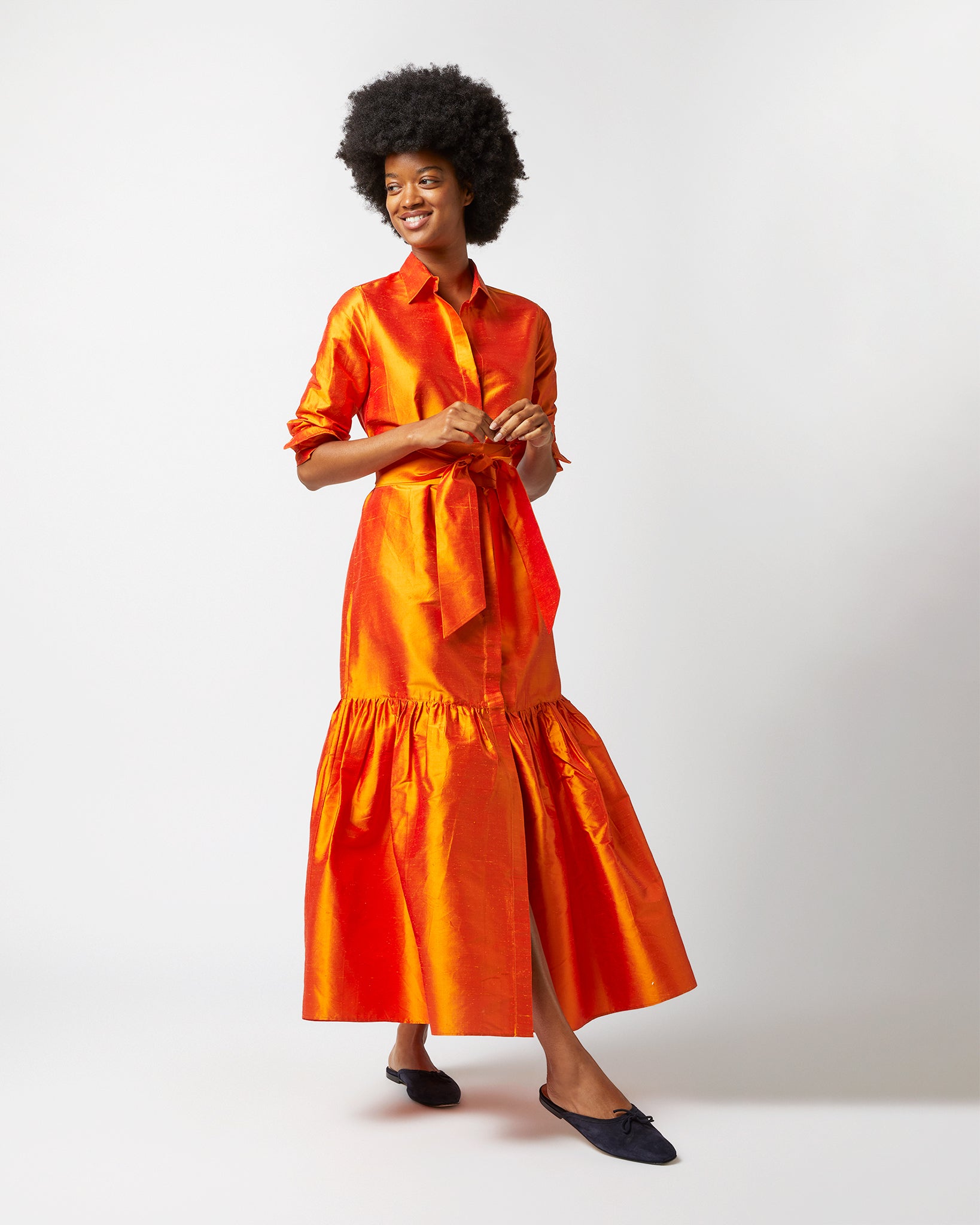 Manon Dress in Tangerine Silk Shantung | Shop Ann Mashburn