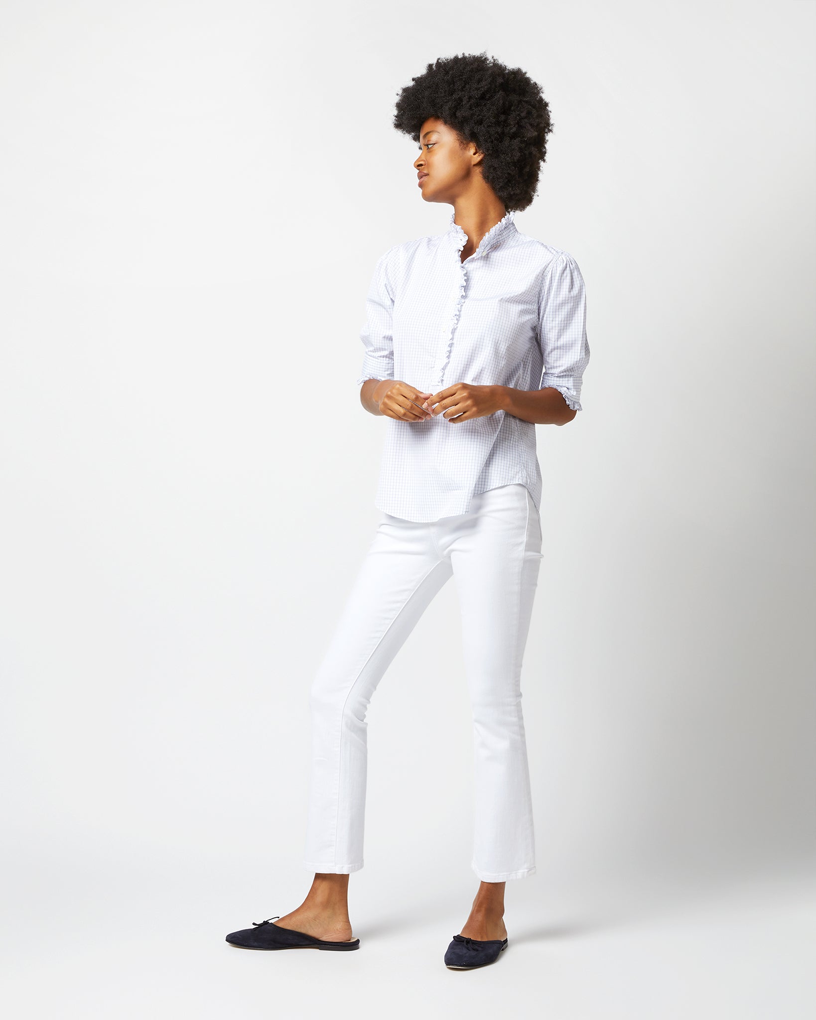 Elbow-Sleeve Frill Shirt in White/Blue Graph Check Poplin