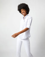 Load image into Gallery viewer, Elbow-Sleeve Frill Shirt in White/Blue Graph Check Poplin
