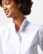 Load image into Gallery viewer, Elbow-Sleeve Frill Shirt in White/Blue Graph Check Poplin
