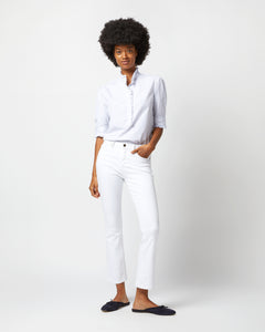 Elbow-Sleeve Frill Shirt in White/Blue Graph Check Poplin