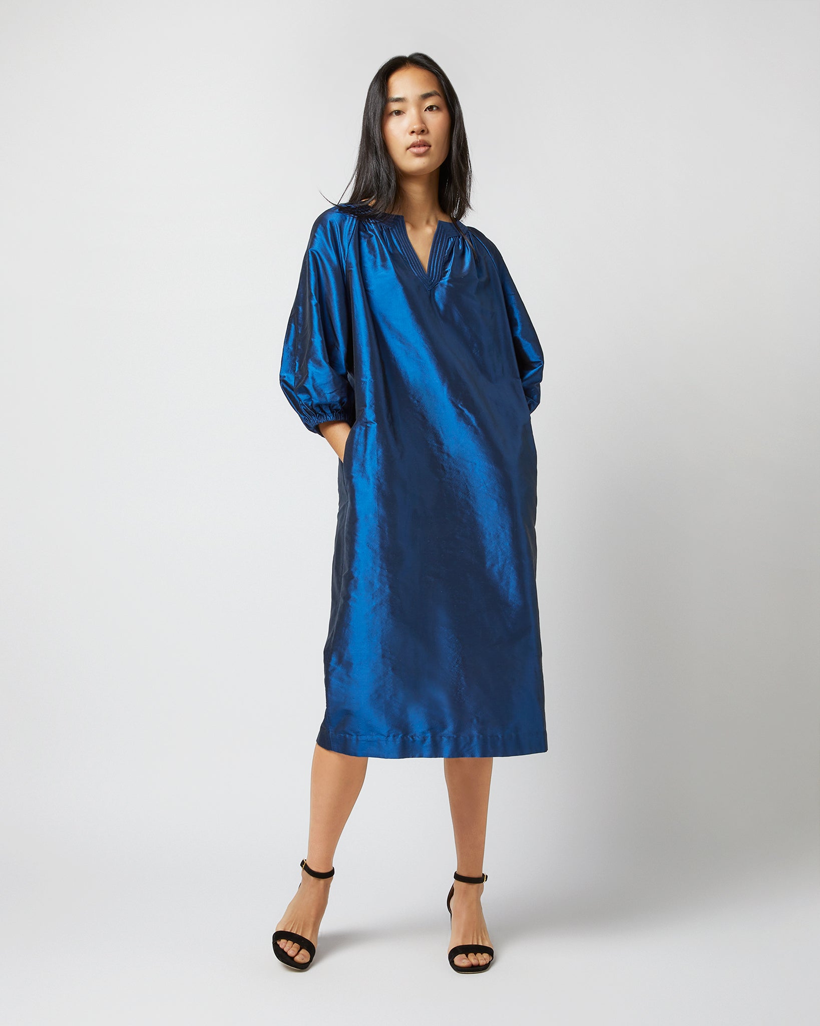 Trapunto Blouson Dress in Lapis Silk Shantung