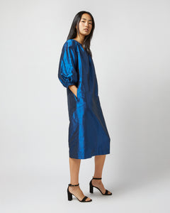 Trapunto Blouson Dress in Lapis Silk Shantung