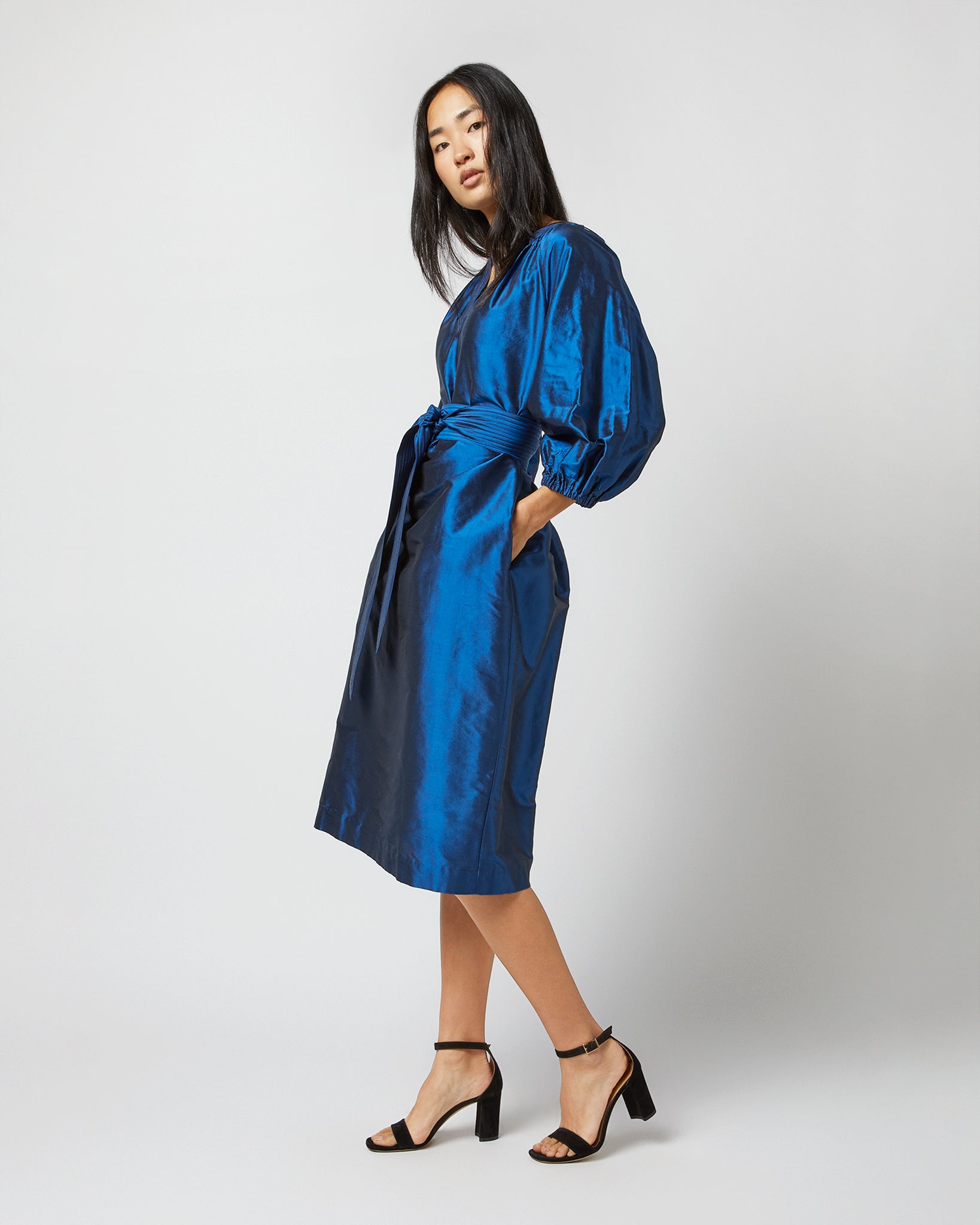 Trapunto Blouson Dress in Lapis Silk Shantung