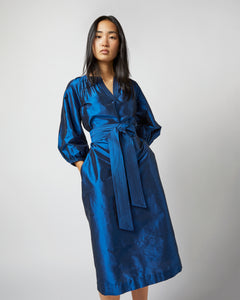Trapunto Blouson Dress in Lapis Silk Shantung