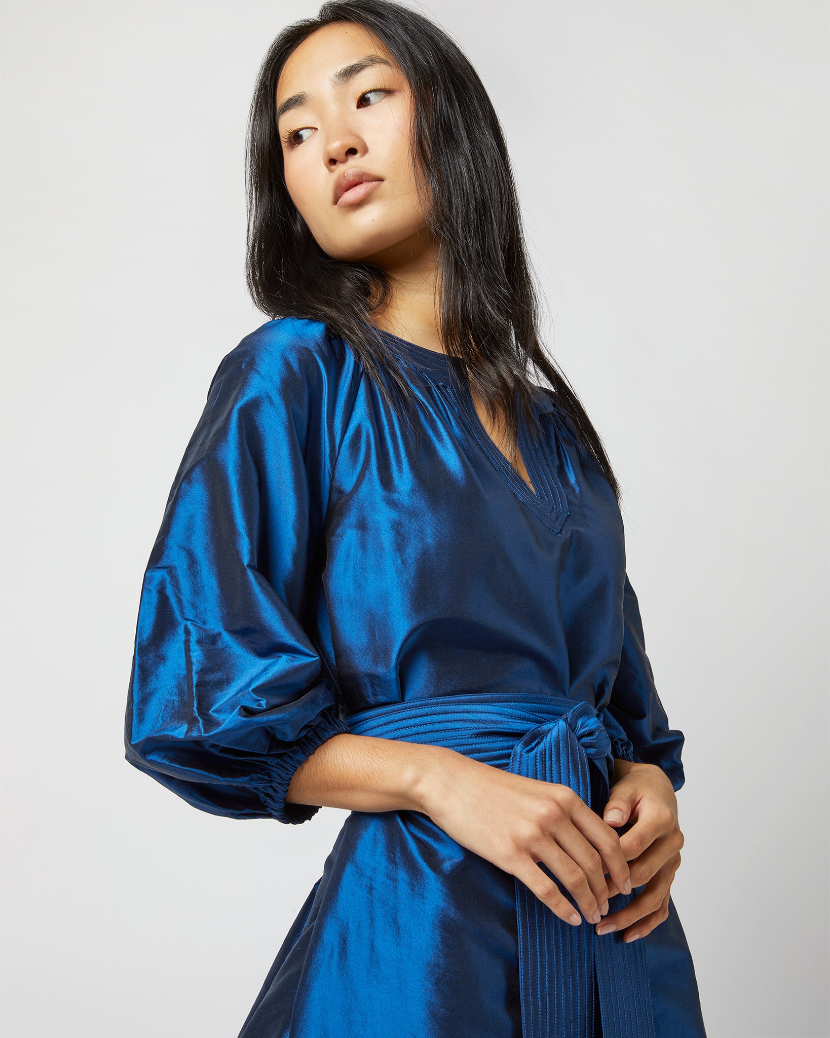 Trapunto Blouson Dress in Lapis Silk Shantung