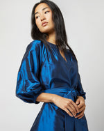 Load image into Gallery viewer, Trapunto Blouson Dress in Lapis Silk Shantung
