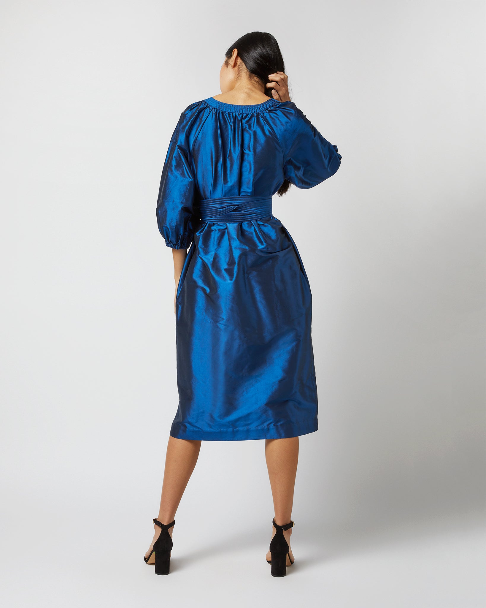 Trapunto Blouson Dress in Lapis Silk Shantung