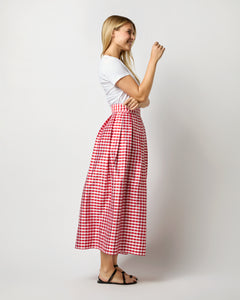 Pleated Wrap Midi Skirt in Red Gingham Silk Shantung