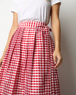 Load image into Gallery viewer, Pleated Wrap Midi Skirt in Red Gingham Silk Shantung
