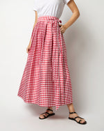 Load image into Gallery viewer, Pleated Wrap Midi Skirt in Red Gingham Silk Shantung
