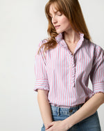 Load image into Gallery viewer, Elbow-Sleeve Frill Shirt in Red/Navy Multi Stripe Poplin
