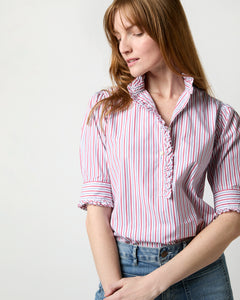 Elbow-Sleeve Frill Shirt in Red/Navy Multi Stripe Poplin