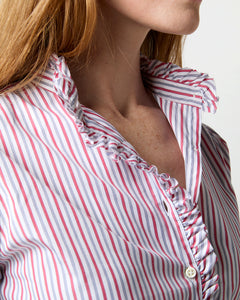 Elbow-Sleeve Frill Shirt in Red/Navy Multi Stripe Poplin