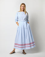 Load image into Gallery viewer, Pleated Wrap Midi Skirt in Sky Awning Stripe Poplin with Red Ric Rac
