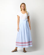 Load image into Gallery viewer, Pleated Wrap Midi Skirt in Sky Awning Stripe Poplin with Red Ric Rac
