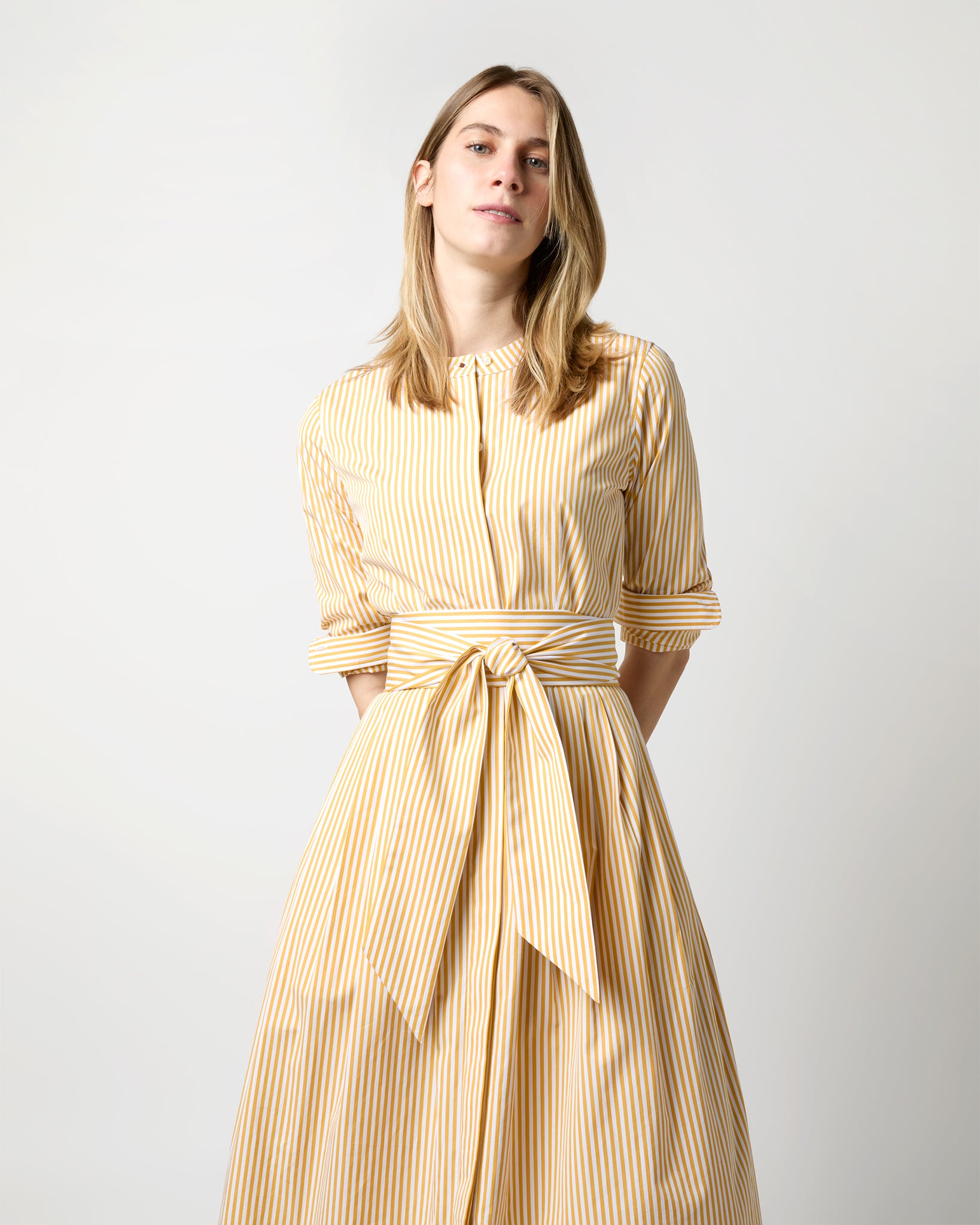 Felicity Shirtwaist Dress in Gold Bengal Stripe Poplin | Shop Ann Mashburn