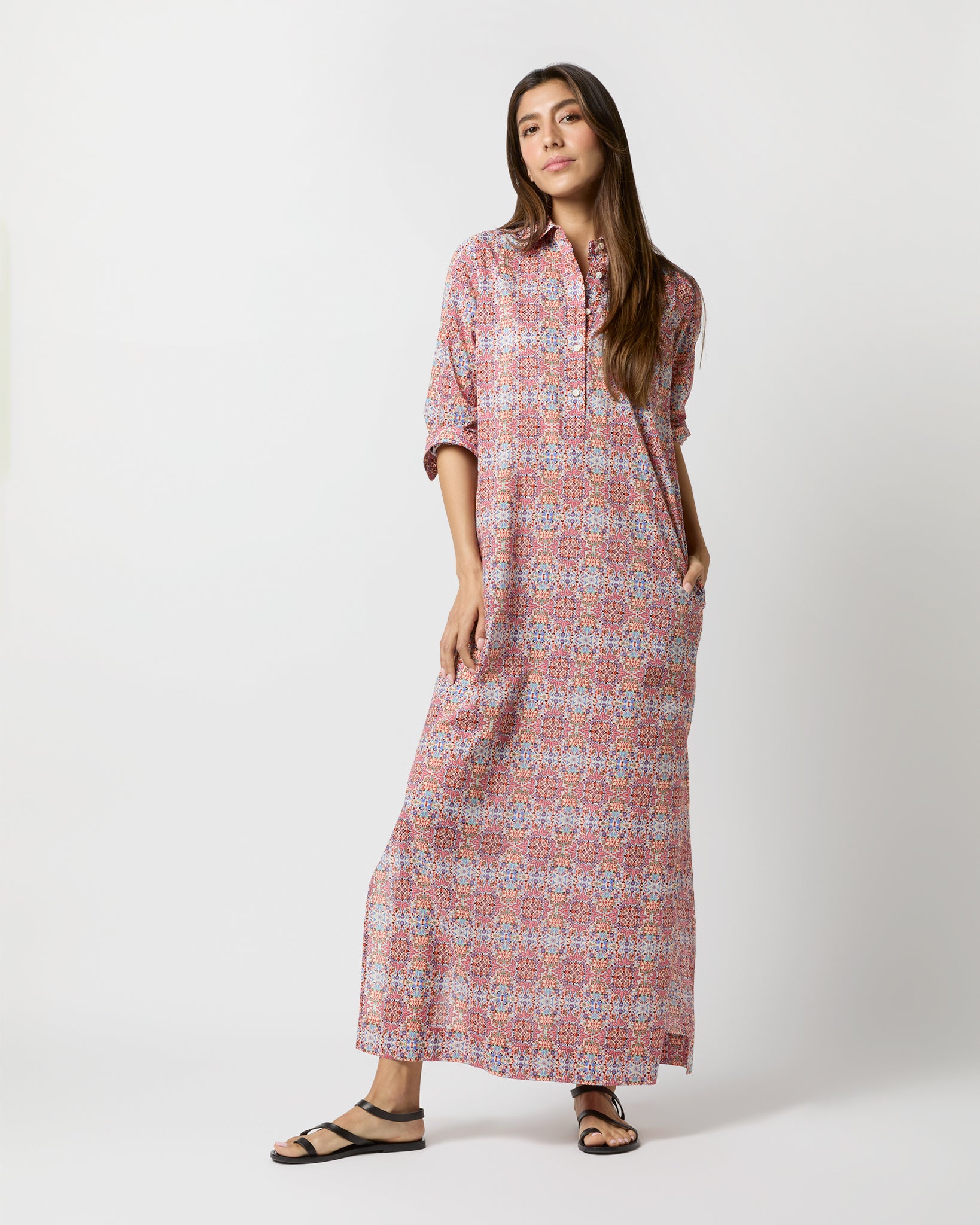 Talitha Shirtdress in Ivory/Orange Small Tile Printed Poplin