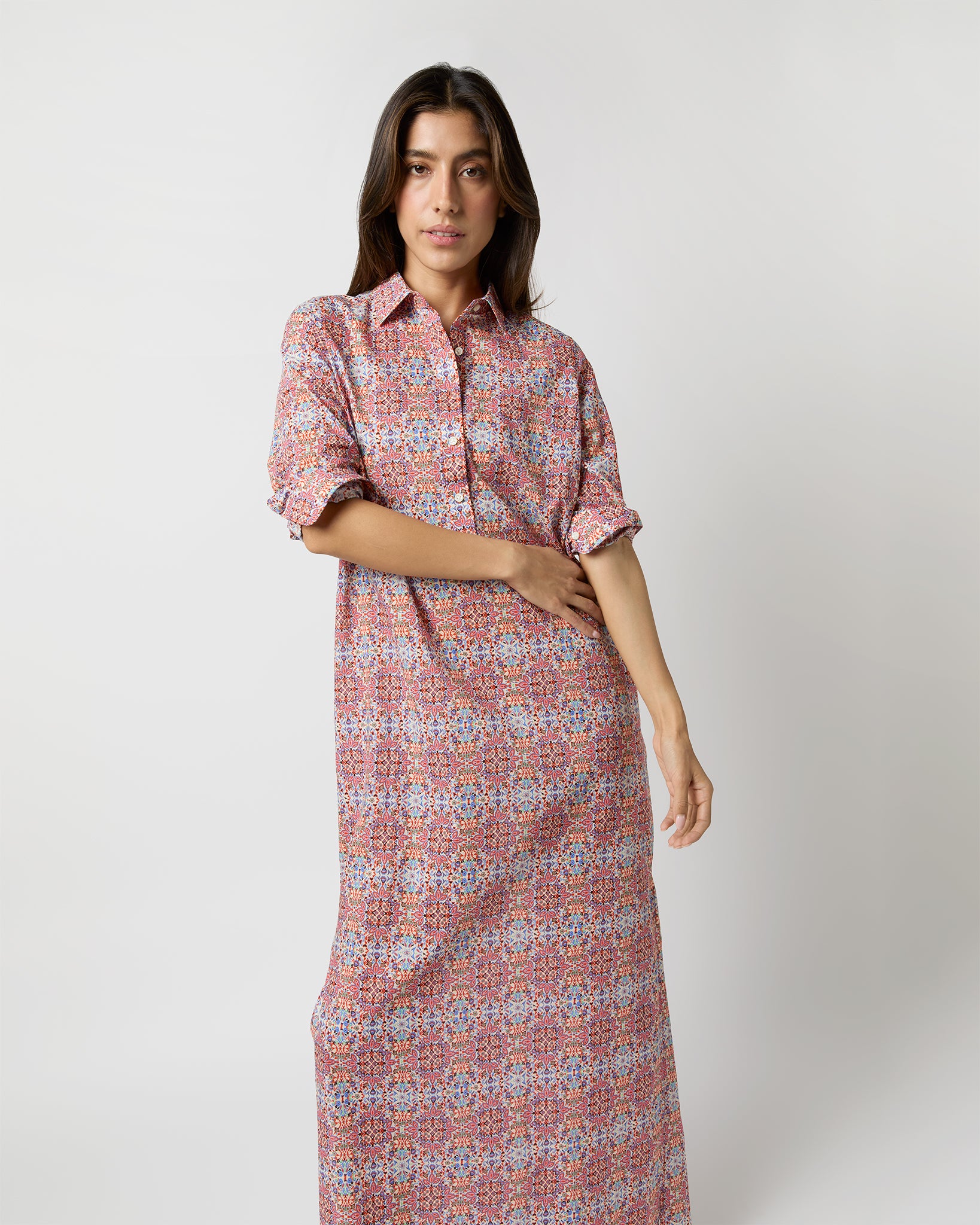 Talitha Shirtdress in Ivory/Orange Small Tile Printed Poplin