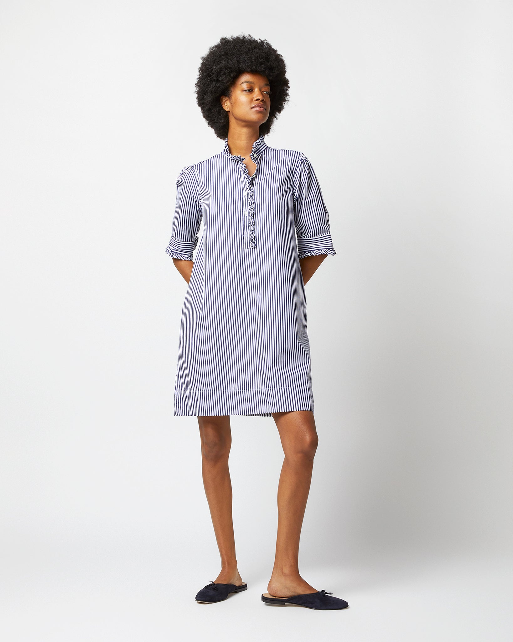 Elbow-Sleeved Frill Dress in Navy Bengal Stripe Poplin