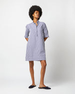 Load image into Gallery viewer, Elbow-Sleeved Frill Dress in Navy Bengal Stripe Poplin
