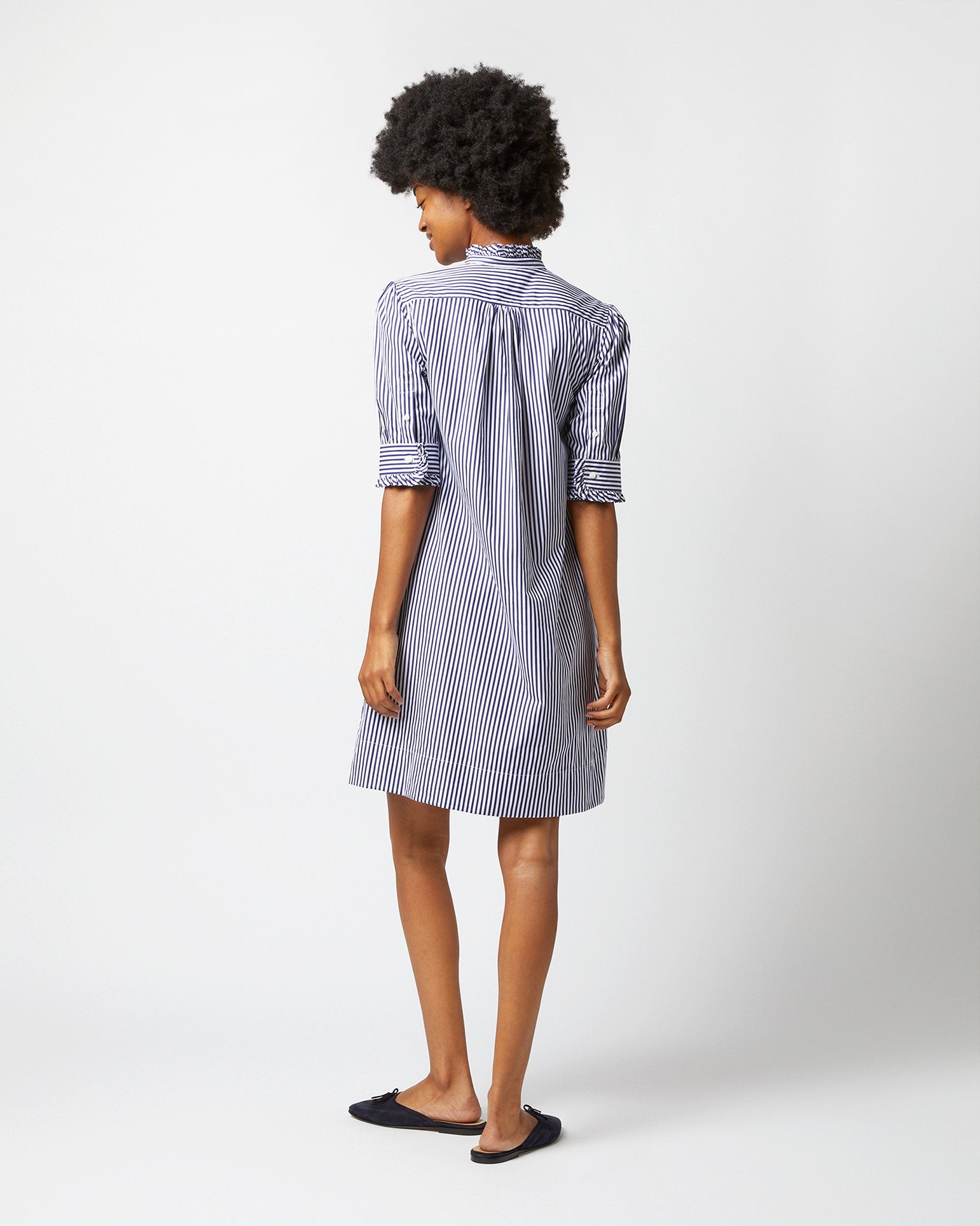 Elbow-Sleeved Frill Dress in Navy Bengal Stripe Poplin