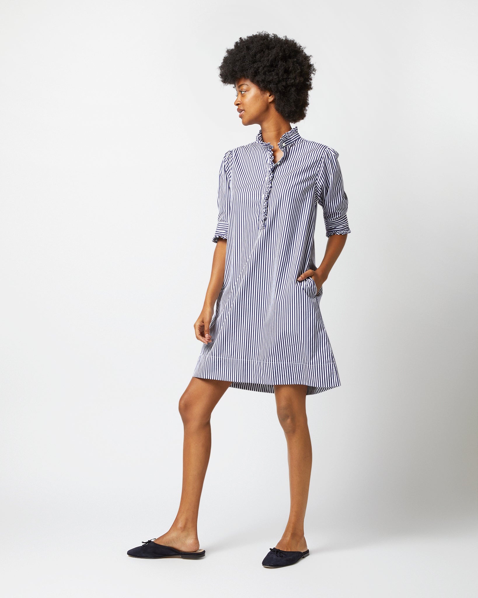 Elbow-Sleeved Frill Dress in Navy Bengal Stripe Poplin