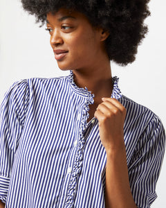 Elbow-Sleeved Frill Dress in Navy Bengal Stripe Poplin