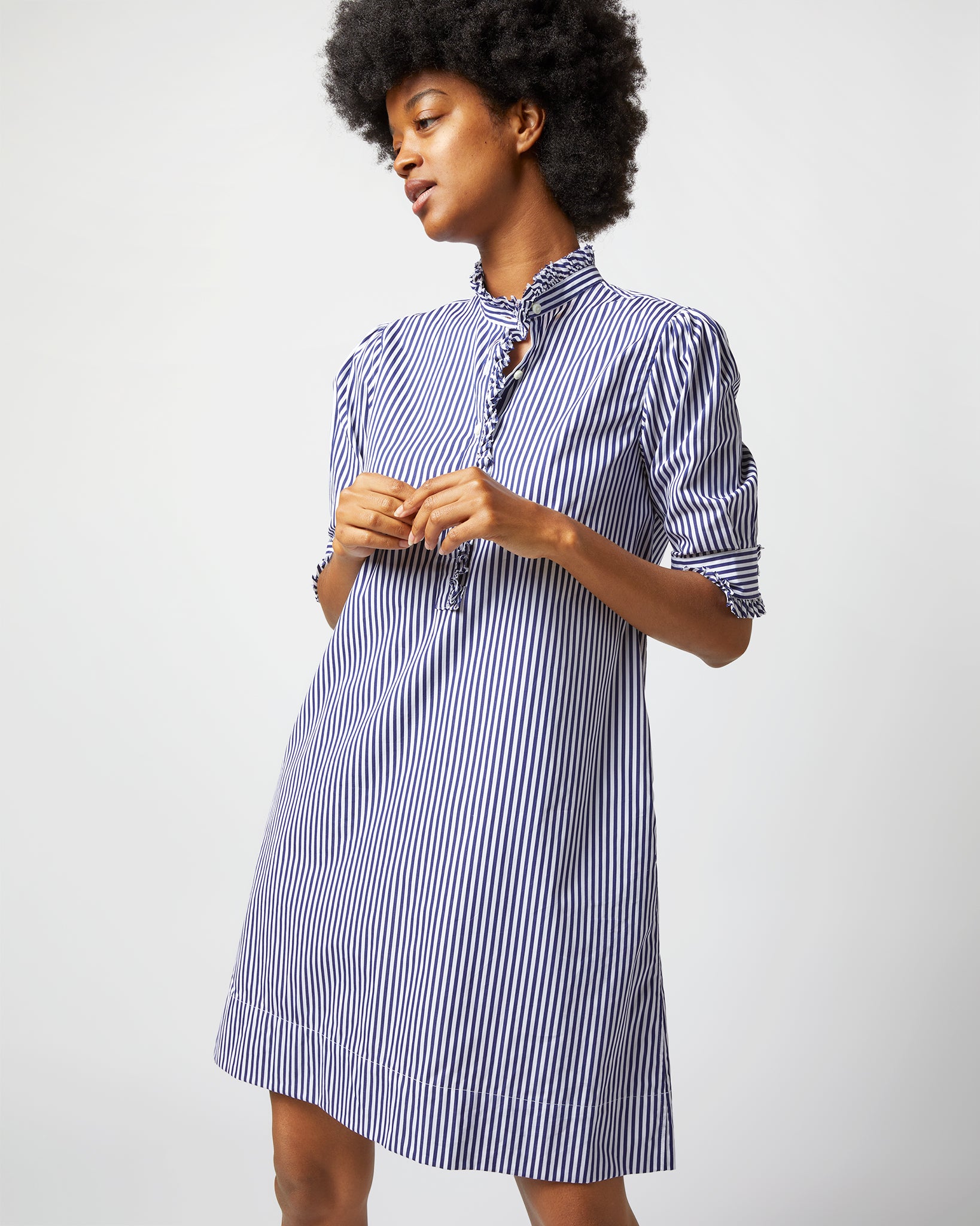 Elbow-Sleeved Frill Dress in Navy Bengal Stripe Poplin