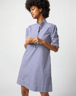 Load image into Gallery viewer, Elbow-Sleeved Frill Dress in Navy Bengal Stripe Poplin
