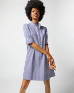 Load image into Gallery viewer, Elbow-Sleeved Frill Dress in Navy Bengal Stripe Poplin
