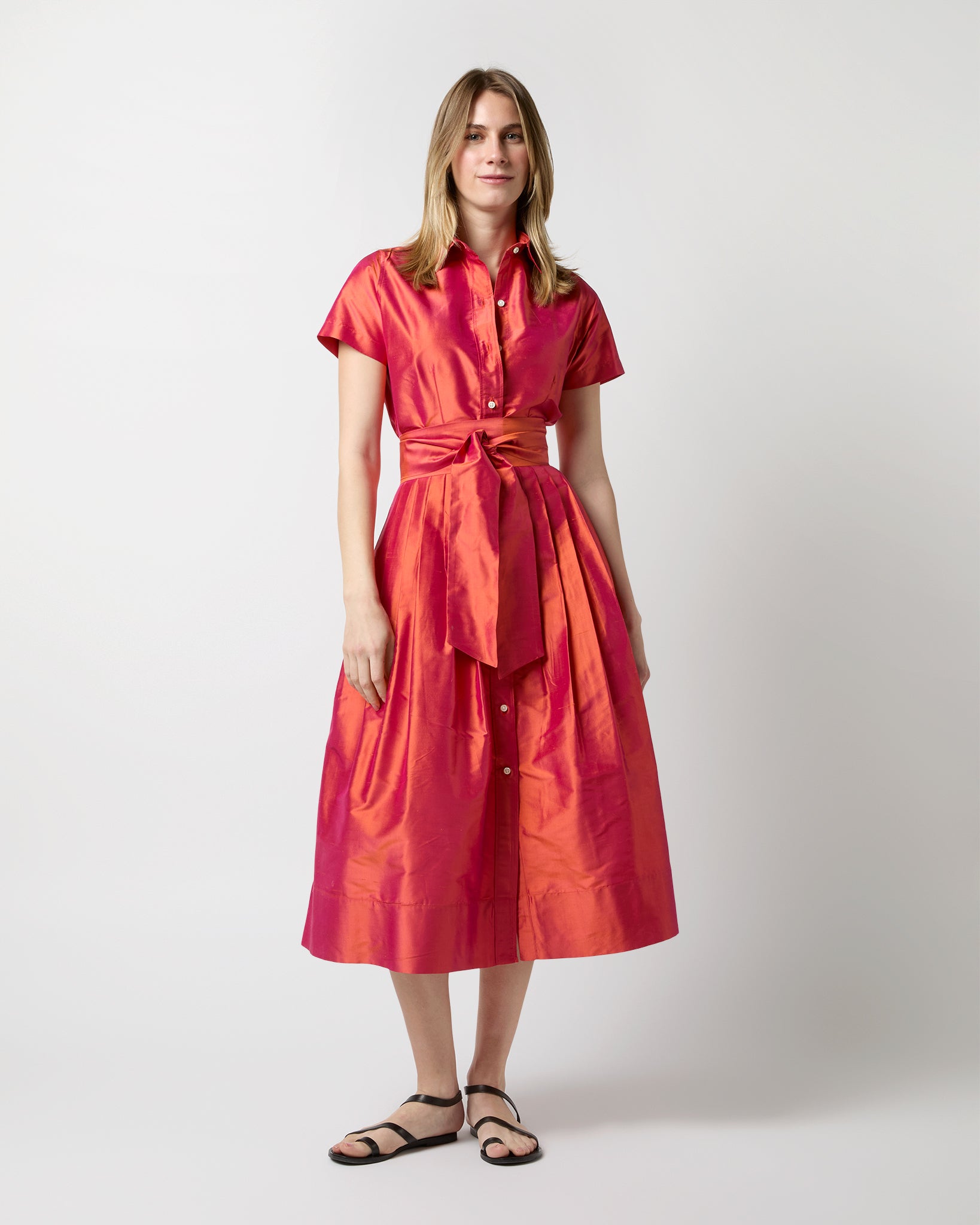 Short-Sleeved Classic Shirtwaist Dress in Tomato Iridescent Silk Shantung