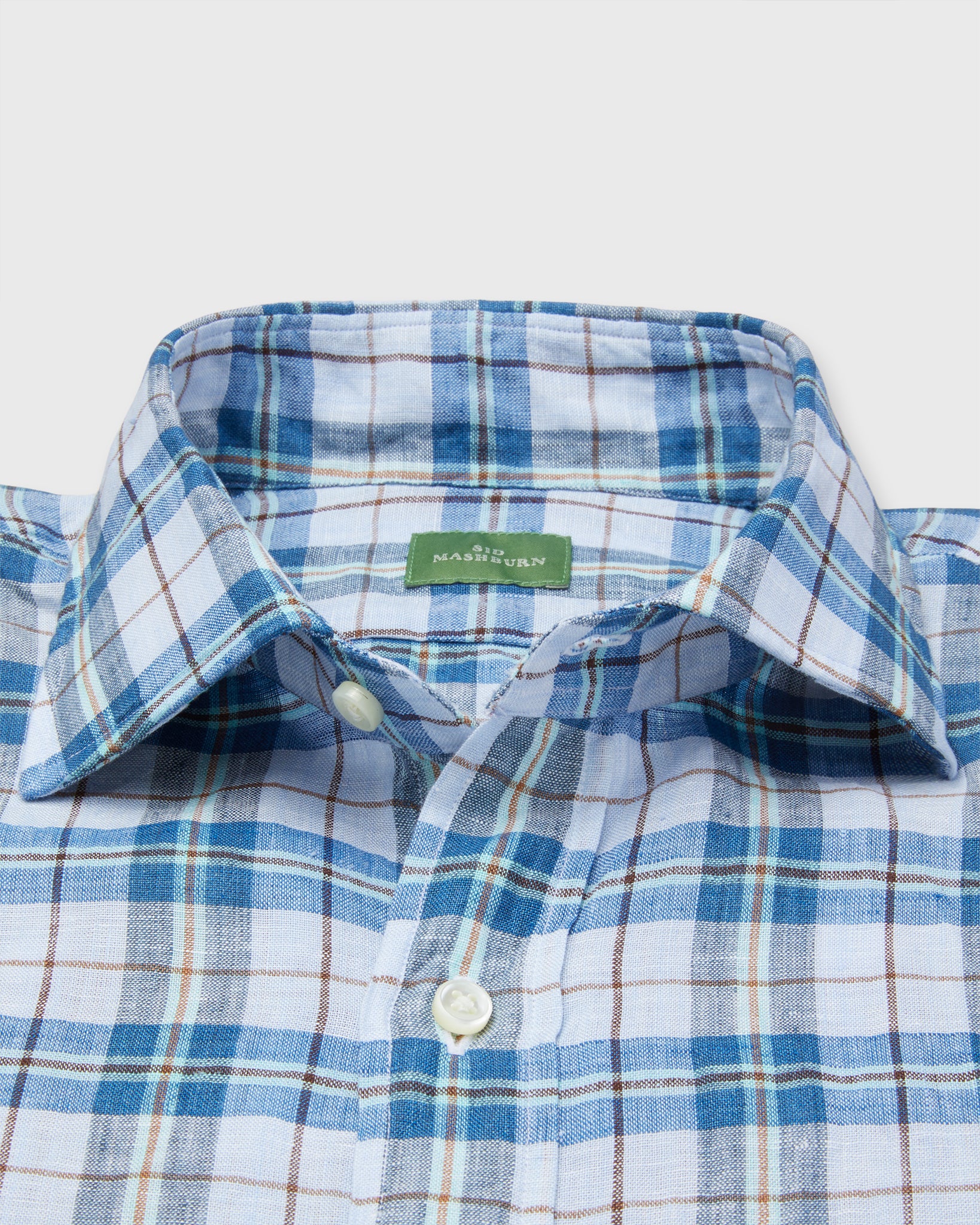 Spread Collar Sport Shirt in Peri/Brown/Navy Plaid Linen