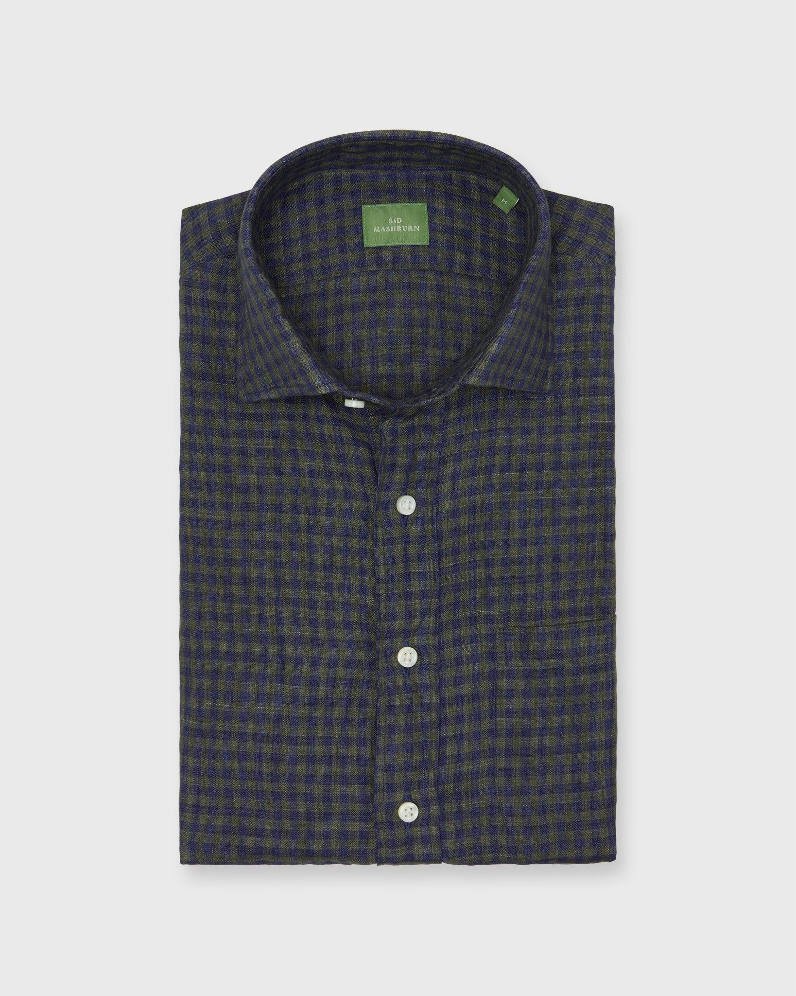 Spread Collar Sport Shirt in Olive/Navy Gingham Linen