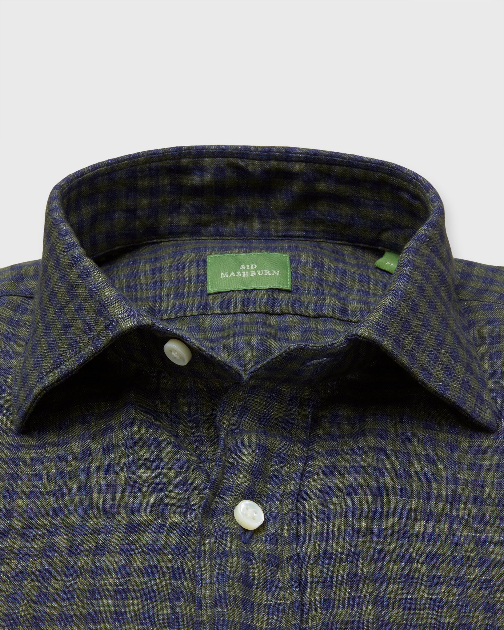 Spread Collar Sport Shirt in Olive/Navy Gingham Linen