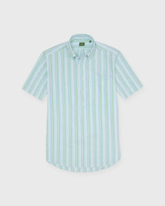 Short-Sleeved Button-Down Popover Sport Shirt in Green/Blue/Peri Multi Stripe Seersucker