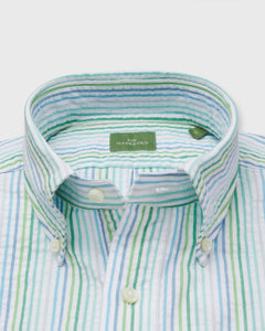 Short-Sleeved Button-Down Popover Sport Shirt in Green/Blue/Peri Multi Stripe Seersucker