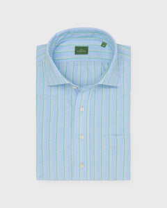 Spread Collar Popover Sport Shirt in Blue/Green/Peach Multi Stripe Cotolino