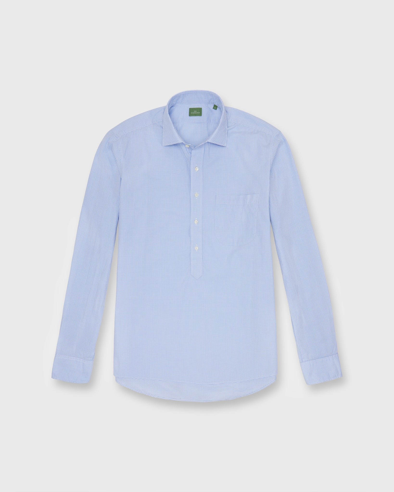 Spread Collar Popover Sport Shirt in Blue Micro Gingham Poplin