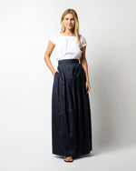 Load image into Gallery viewer, Pleated Wrap Skirt in Navy Silk Shantung
