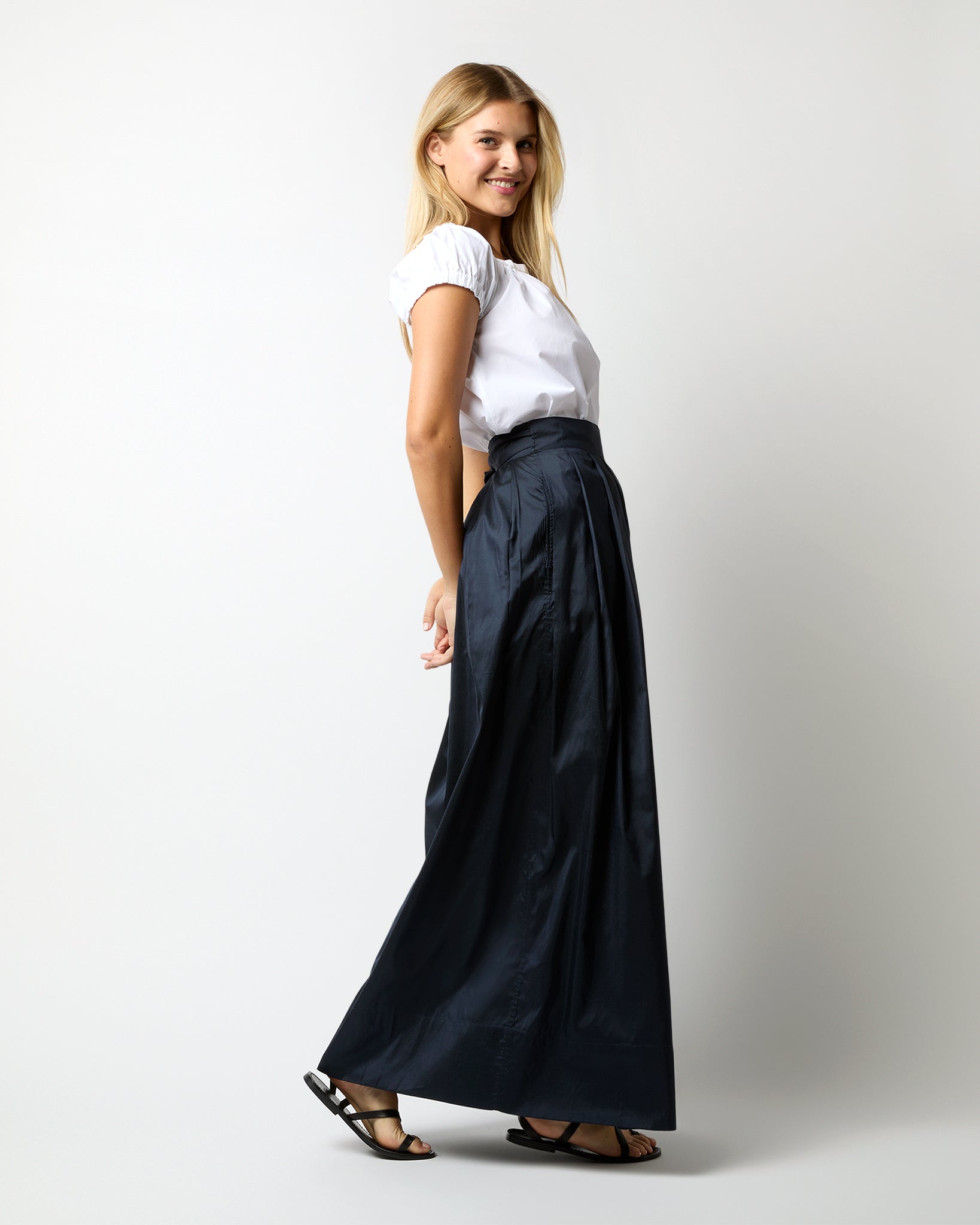 Pleated Wrap Skirt in Navy Silk Shantung