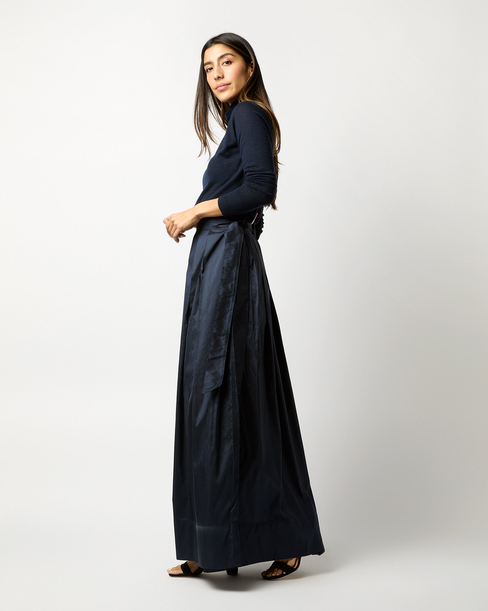 Pleated Wrap Skirt in Navy Silk Shantung