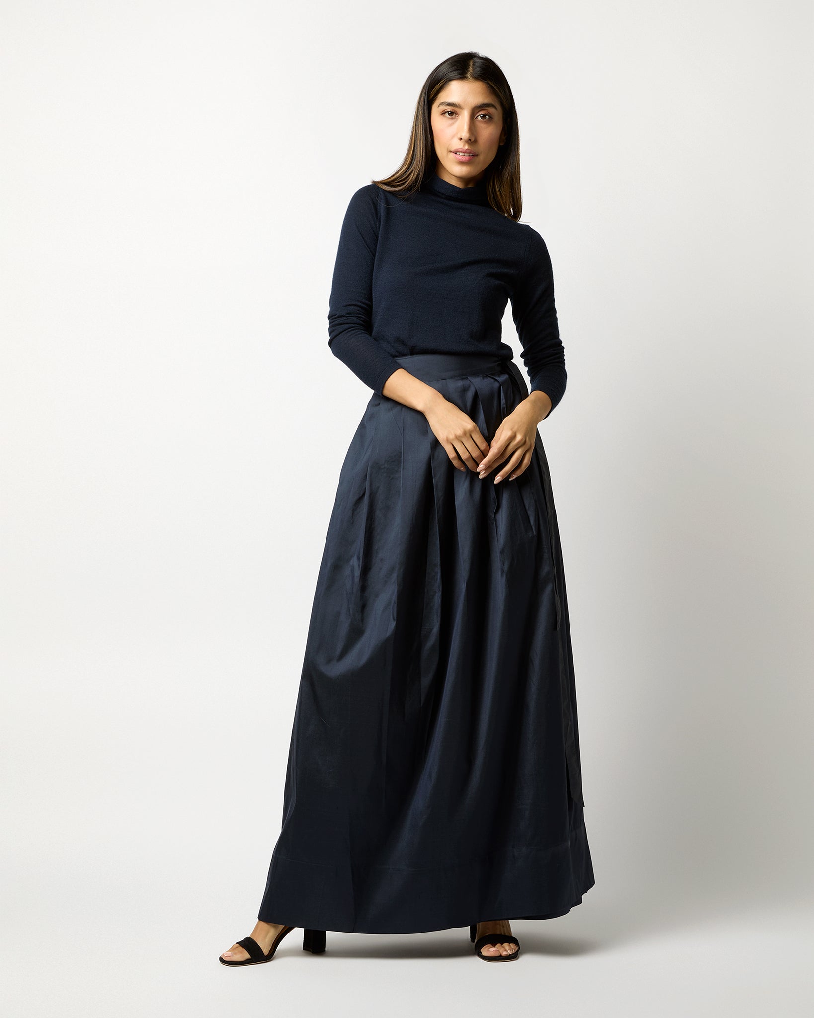 Pleated Wrap Skirt in Navy Silk Shantung