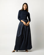 Load image into Gallery viewer, Pleated Wrap Skirt in Navy Silk Shantung
