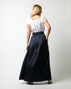 Pleated Wrap Skirt in Navy Silk Shantung